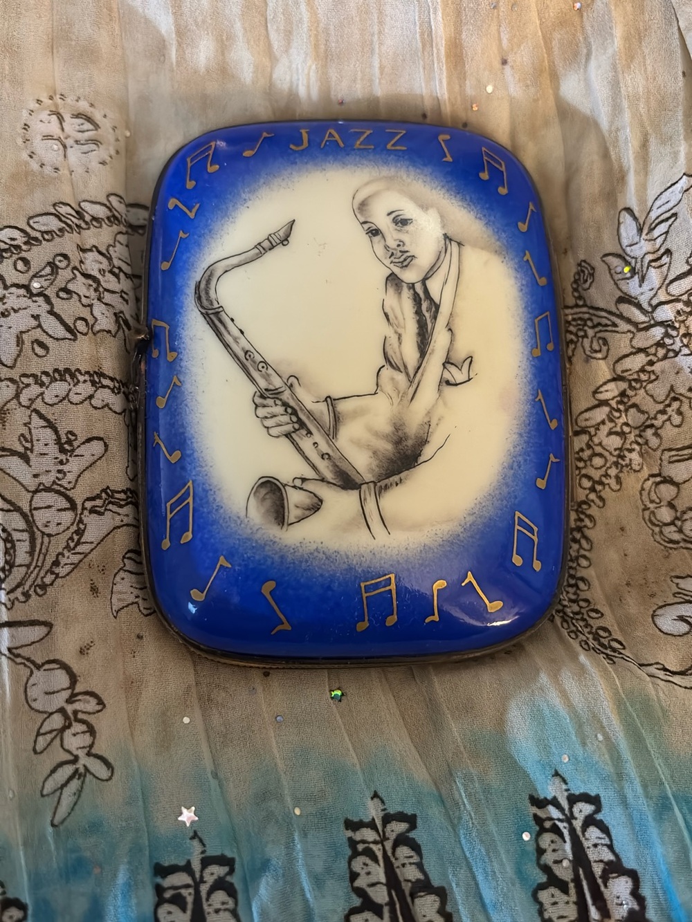 Limoges Blue and Cream Jazz Saxophonist Trinket Box